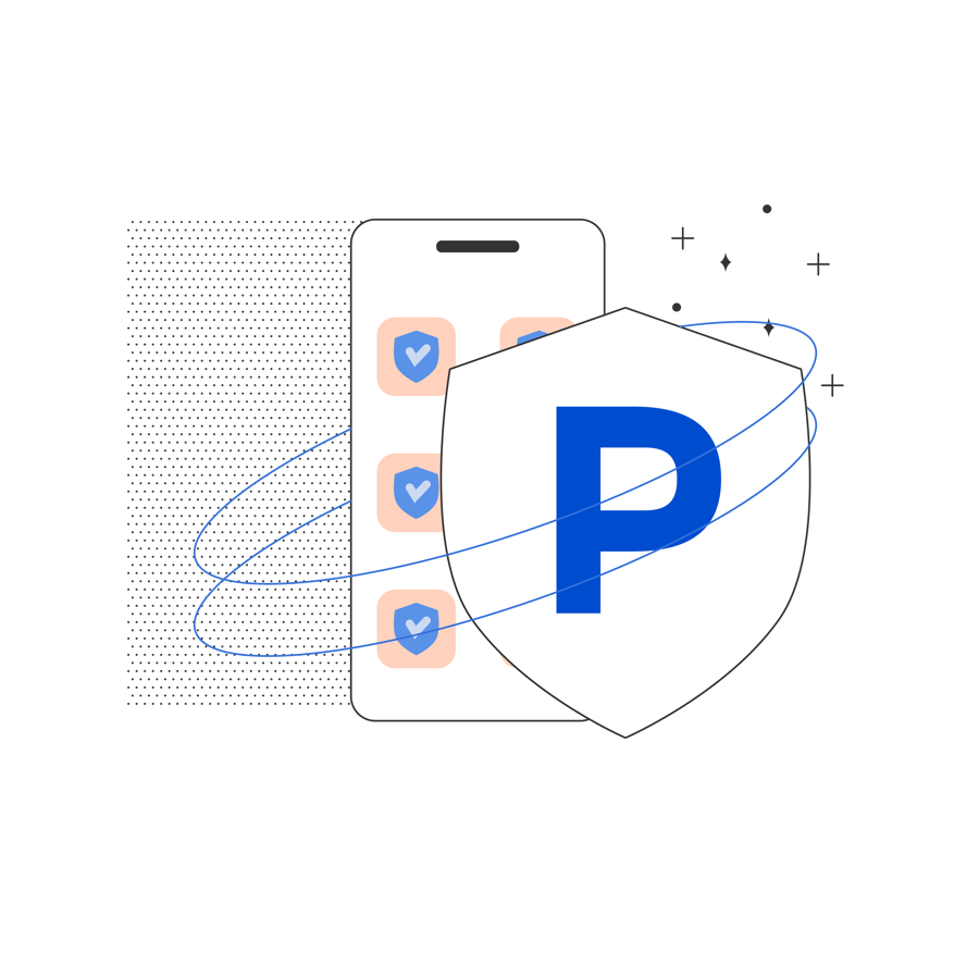 Illustration of a smart phone protected by a shield with a P (Promon) on it