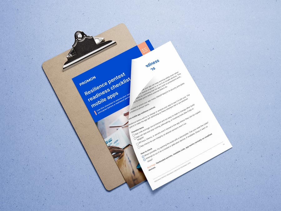 Mockup of Promon's resilience pentest readiness checklist for mobile apps
